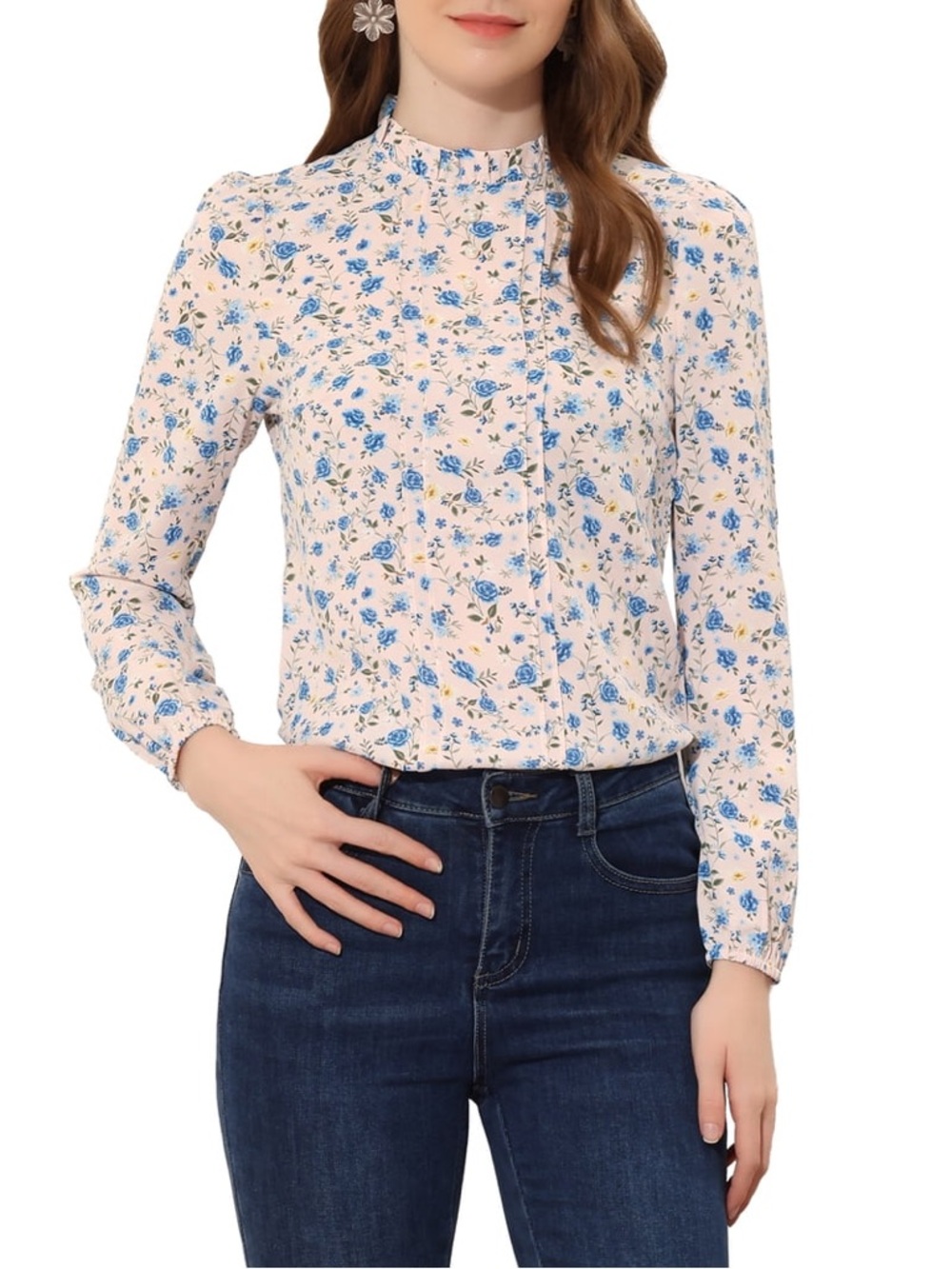 Allegra K Blue Floral High-Neck Blouse on Cream